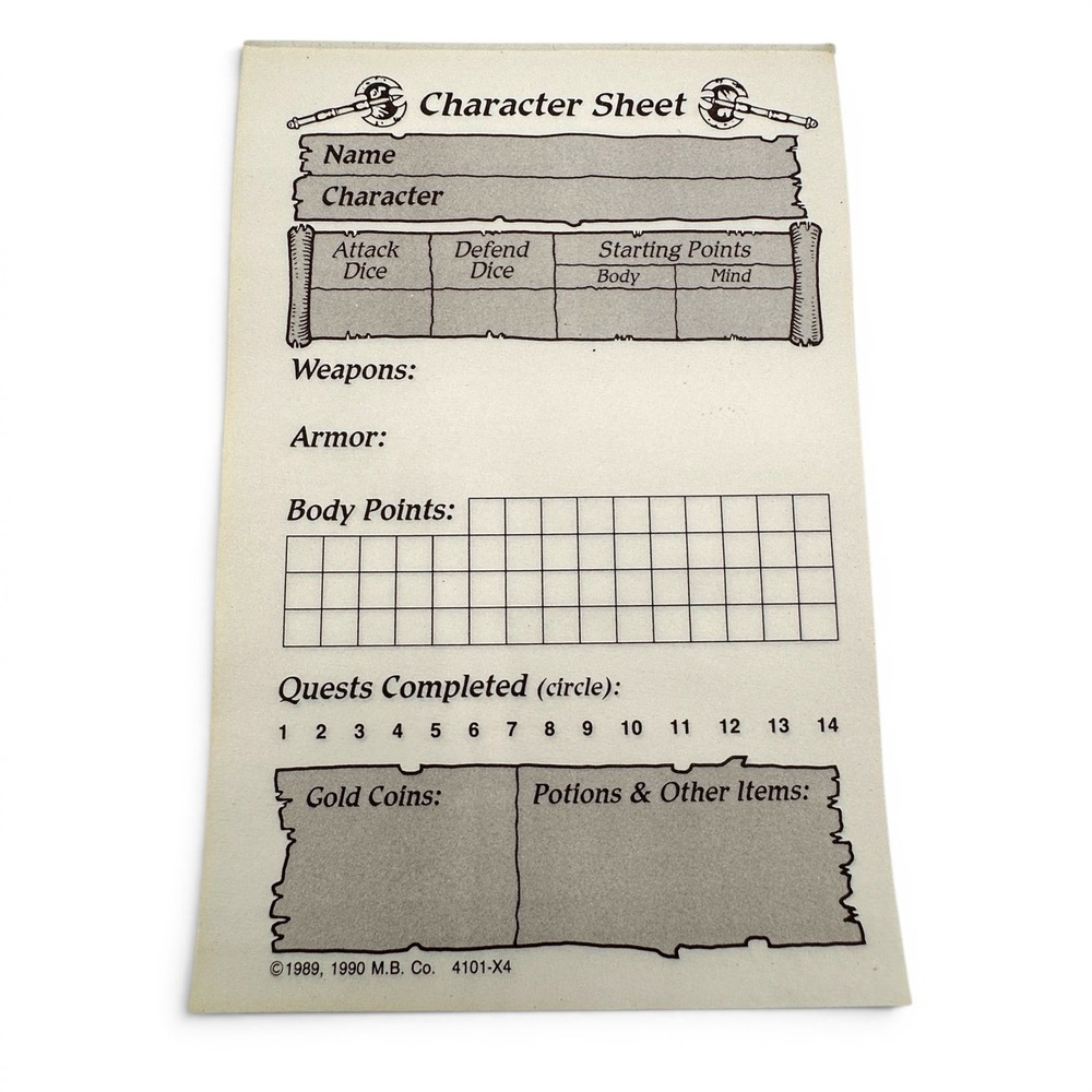 Vintage Hero Quest 1989 1990 Game Parts Replacement Character Sheet Pad ONLY